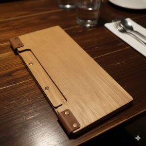 Custom wooden wine list cover with engraved logo